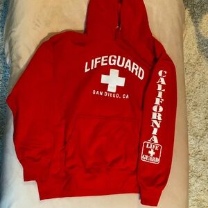 Lifeguard Red L Hooded Sweatshirt San Diego CA Beach Swim Resortwear Active